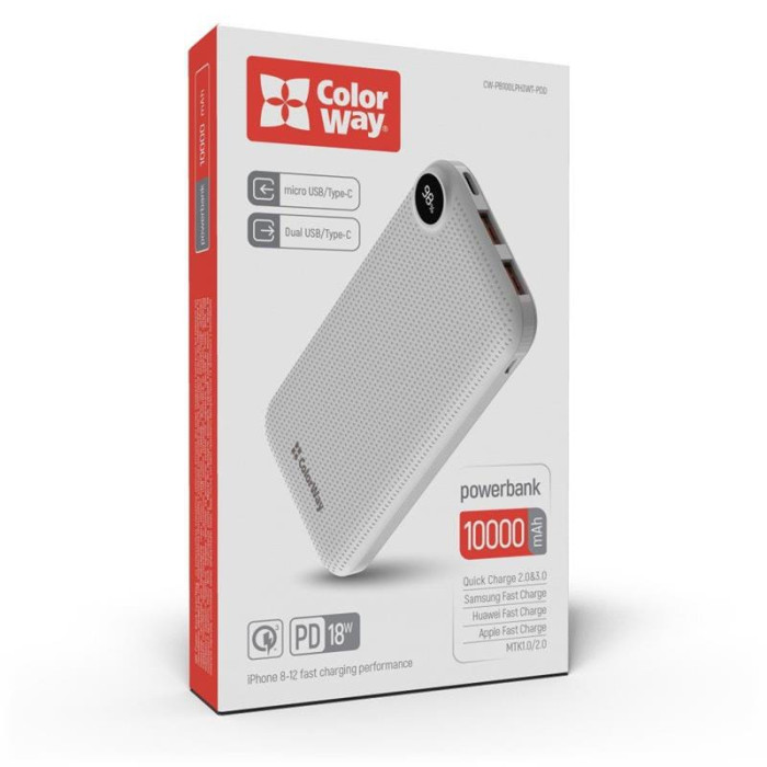 Универсальная мобильная батарея ColorWay LCD 10000mAh White (CW-PB100LPH3WT-PDD)