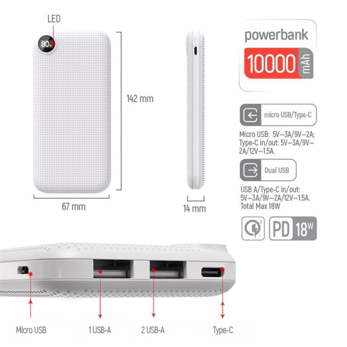 Универсальная мобильная батарея ColorWay LCD 10000mAh White (CW-PB100LPH3WT-PDD)