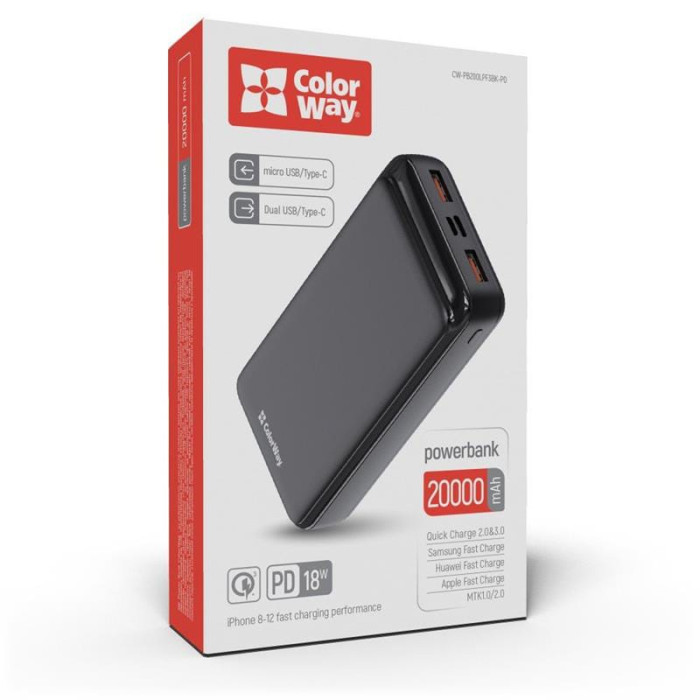 Универсальная мобильная батарея ColorWay Slim 20000mAh Black (CW-PB200LPF3BK-PD)
