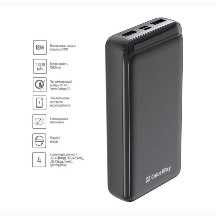 Универсальная мобильная батарея ColorWay Slim 20000mAh Black (CW-PB200LPF3BK-PD)