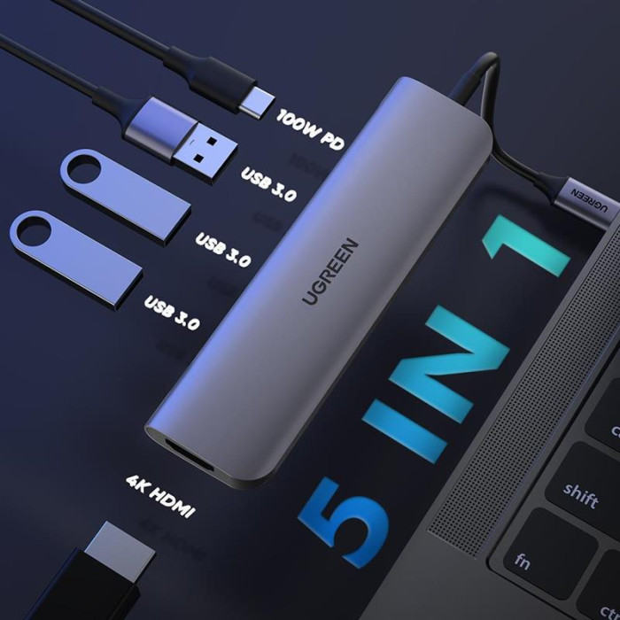 Концентратор USB Type-C Ugreen CM136 3xUSB 3.0+HDMI, Gray (50209)