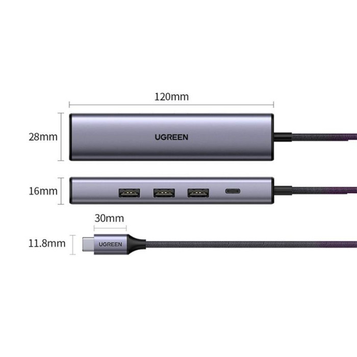 Концентратор USB Type-C Ugreen CM475 3xUSB 3.0+RJ45 1000M Ethernet, Gray (20932)