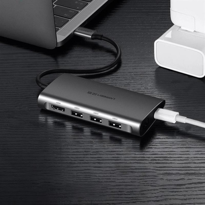 Концентратор USB Type-C Ugreen CM121 3xUSB 3.0 + HDMI + RJ45 1000M Ethernet + Cardreader, Gray (50538)