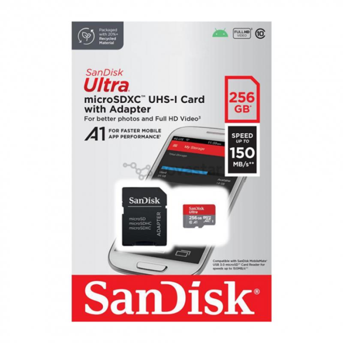 Карта пам`ятi MicroSDXC 256GB UHS-I Class 10 SanDisk Ultra A1 R150MB/s + SD-adapter (SDSQUAC-256G-GN6MA)