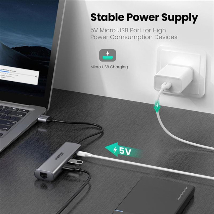Концентратор USB Type-C Ugreen CM266 3xUSB 3.0+HDMI+RJ45 1000M Ethernet, Gray (60812)