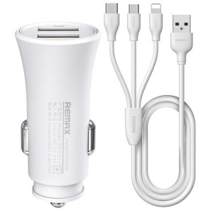 Автомобильное зарядное устройство для Remax (2xUSB, 2.4A) White (6954851288206) + кабель Lightning/microUSB/Type-C Автомобильное зарядное устройство для Remax (2xUSB, 2.4A) White (6954851288206) + кабель Lightning/microUSB/Type-C