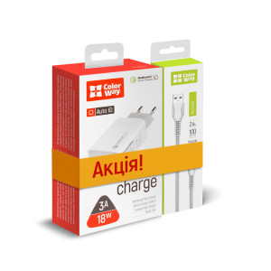 Сетевое зарядное устройство ColorWay QC3.0 (1USBx3A) White (CW-CHS013Q-WT/CBUM028-WH) + кабель microUSB Сетевое зарядное устройство ColorWay QC3.0 (1USBx3A) White (CW-CHS013Q-WT/CBUM028-WH) + кабель microUSB