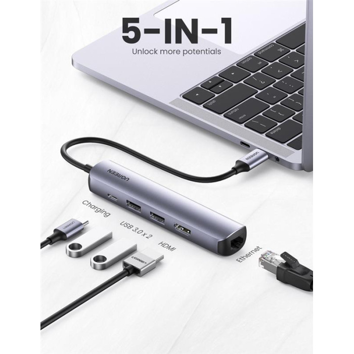 Концентратор USB Type-C Ugreen CM418 2xUSB 3.0+HDMI+RJ45 1000M Ethernet, Gray (10919)
