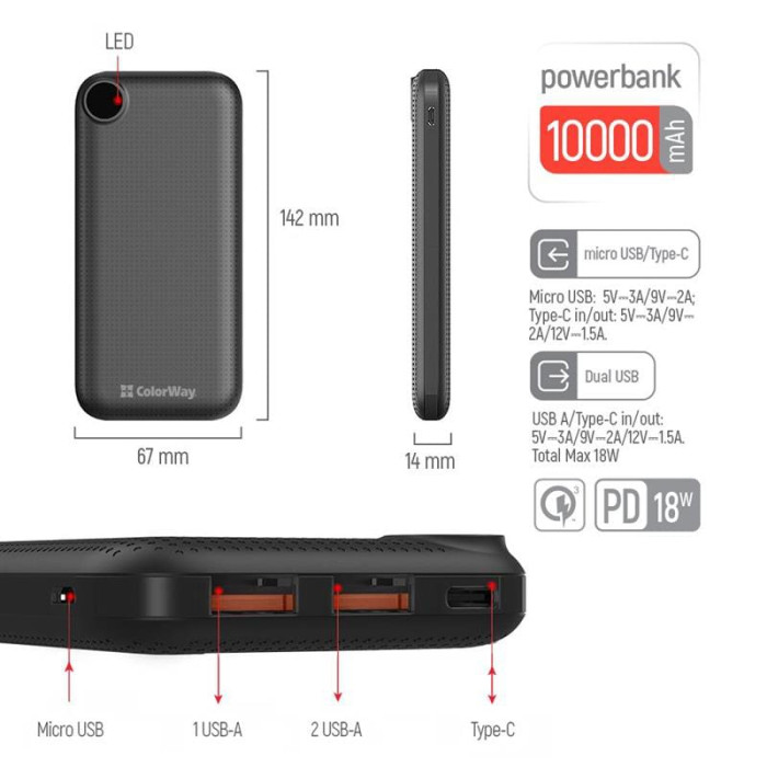 Универсальная мобильная батарея ColorWay LCD 10000mAh Black (CW-PB100LPH3BK-PDD)