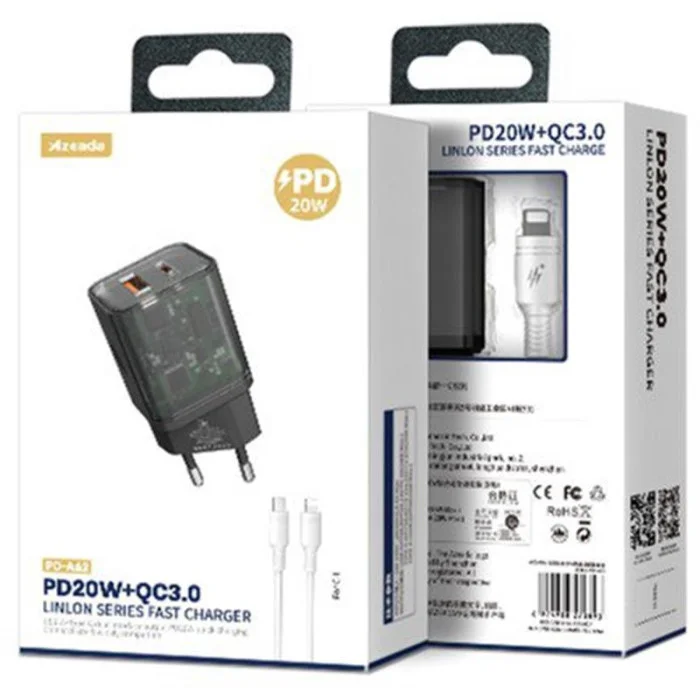 Мережевий зарядний пристрій Proda Xinrui A62 Black (PD-A62-BK) + кабель Type-C/Lightning