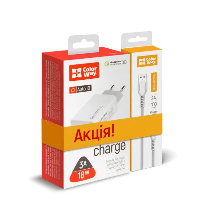Сетевое зарядное устройство ColorWay QC3.0 (1USBx3A) White (CW-CHS013Q-WT/CBUL027-WH) + кабель Lightning