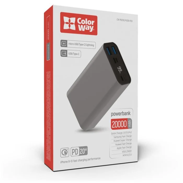 Універсальна мобільна батарея ColorWay 20000mAh Gray (CW-PB200LPH3GR-PDD)