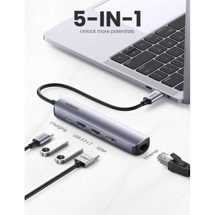 Концентратор USB Type-C Ugreen CM418 2xUSB 3.0 + HDMI + RJ45 1000M Ethernet, Gray (10919)