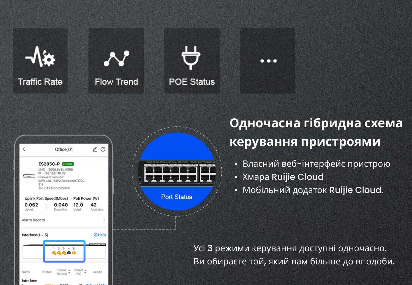 Комутатор Ruijie Reyee RG-ES208GC (7xGE, 1xGE Uplink, CCTV, Cloud Managed, L2, настільний, безшумний, метал)